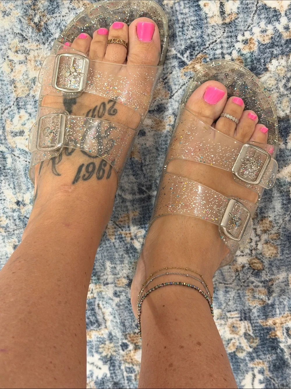 Fashion Nova Clear Glitter Slide Sandals with Silver Buckles